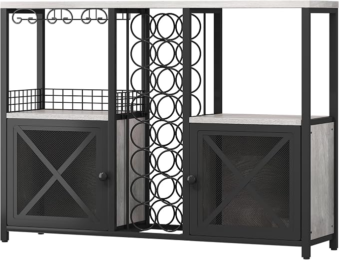 Homeiju Mini Bars for Home, Wooden Coffee Bar Cabinet, Modern Liquor Cabinet for Liquor and Glasses, Farmhouse Buffet Wine Bar Cabinet with Storage Sideboard for Home Kitchen Dining Room (Light Grey)