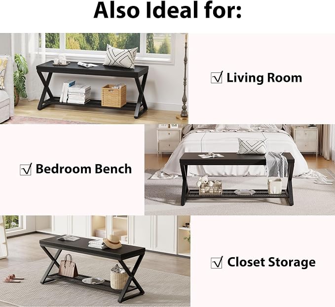 LVB Black Oak Bench, Industrial Entryway Bench with Storage, 47 Inch