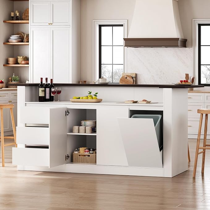 86.6" Large Kitchen Island with Trash Can Storage, White