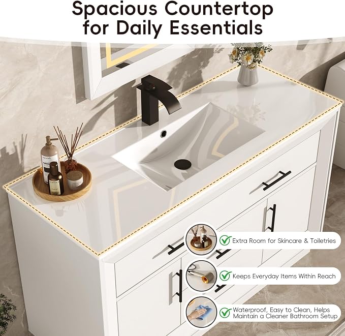 St.Mandyu 48" Bathroom Vanity w/Sink & LED Mirror & Faucet,Modern Bathroom Vanities Set w/ 3-Color Lighting, Curved Splash-Reducing Basin, Bath Vanity w/Large Storage Cabinet&Drawers,White