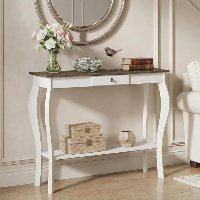 ChooChoo 39" Narrow Farmhouse Entryway Table with Drawer, Soft White