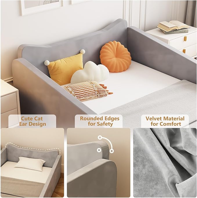 JOYMOR Toddler Bed, Floor Bed with Safety Guadrail, Montessori Toddler Bed with Animal Ear Shapes, Soft Velvet Wood Bed for Infant, Kids, Mattress not Included (Gray)