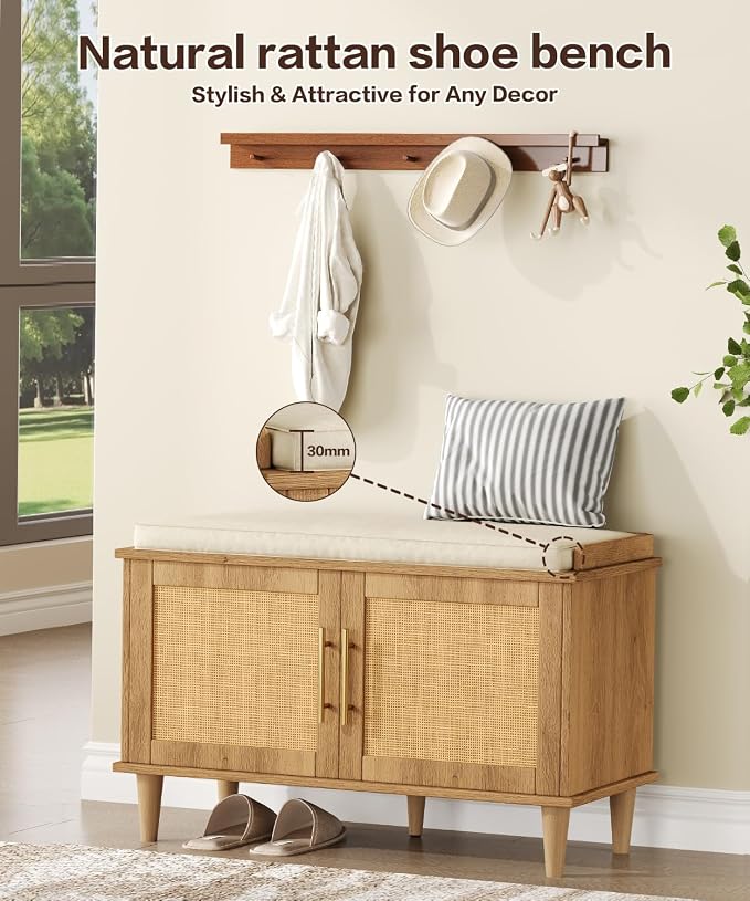 Akxomel 31.5" Rattan Shoe Storage Bench 2 Doors Wooden Entryway Bench Oak