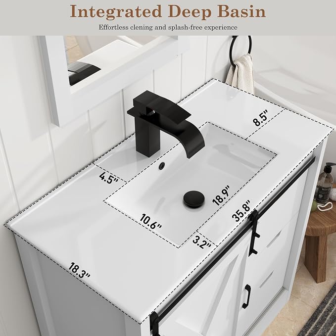 chartustriable 36 Inch Bathroom Vanity with Sink & Faucet & Mirror, Farmhouse Bathroom Vanity Cabinet Set with Sliding Barn Door & Drawers, Small Single Bath Storage Vanity Sink, White