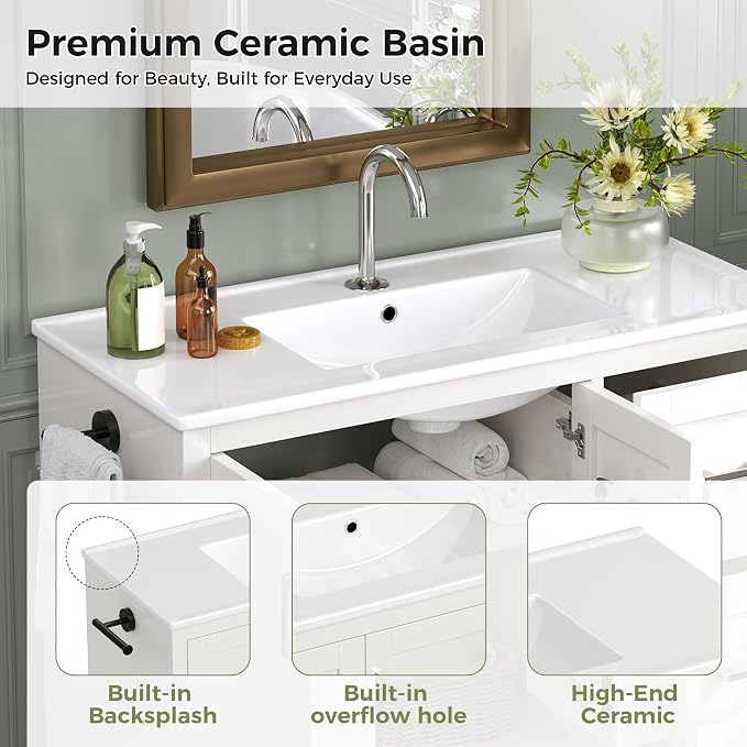 LUMISOL 42 Inch Bathroom Vanity with Ceramic Sink, Freestanding Bathroom Vanity with 4 Storage Drawers, 2 Soft Close Doors, Adjustable Shelf and Door Rack, White
