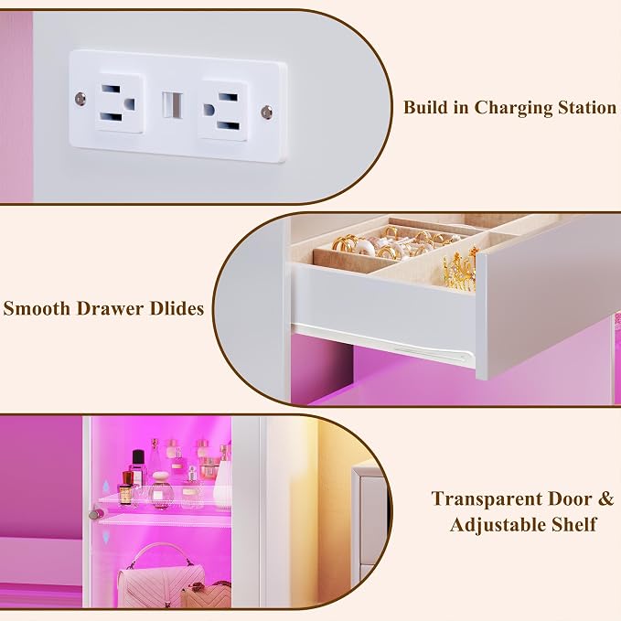 HUAHUU Vanity Desk with Mirror & RGB Lights, White Makeup Vanity Table with 2 Transparent Top Large Drawers & RGB Cabinet, Vanity Desk with LED Lighted Mirror 3 Colors, Power Outlets, Flip-up Drawer