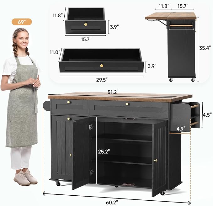 ONBRILL 60" Kitchen Island with Trash Can Storage, Black+Rustic Brown
