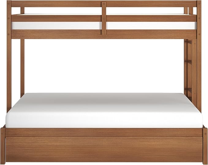 Grain & Grove Bear Twin Over Full Bunk Bed with Trundle Bed, Sturdy Bunk Bed Frame for Kids, Plywood Bunk with Ladder, Guardrail, and Slats, No Box Spring Required, Oak Embossed Pecan