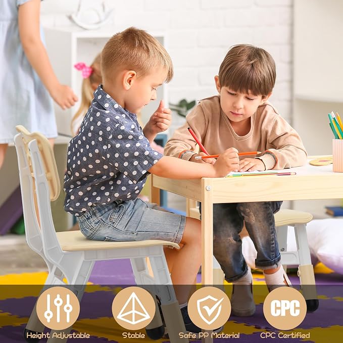 2-Pack Adjustable Kids Chairs, 3-Level Height Plastic Toddler Chair with Non-Slip Base & Stackable Design, for Home School Classroom Daycare Indoor Outdoor Use, Ages 2-8, Natural