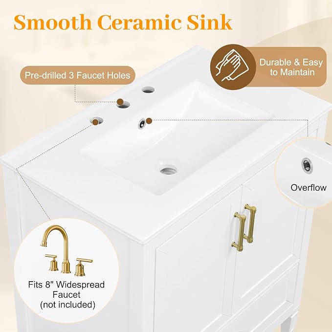 Merax 30" Bathroom Vanity with Undermount Ceramic Sink, Cabinet with Two Door Rack Shelves and One Drawer, Soft Closing Doors, White