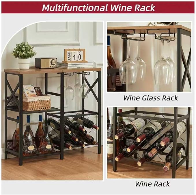 MNEETRUNG Wine Bar Cart, Rustic Freestanding Wine Rack with Glass Holder and Fence, Bar Cabinet with 2 Tier Storage, Liquor Shelf for Home Bar, Rustic Brown