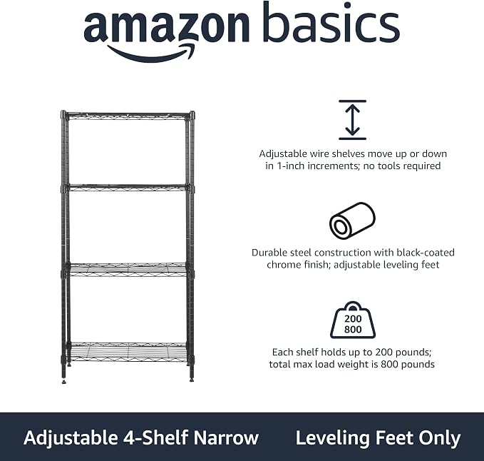 Amazon Basics 4-Shelf Steel Wire Storage Shelves for Garage, Adjustable Metal Shelving Unit, 200 lbs Per Shelf, 23.2" W x 48" H x 13.4" D, Black