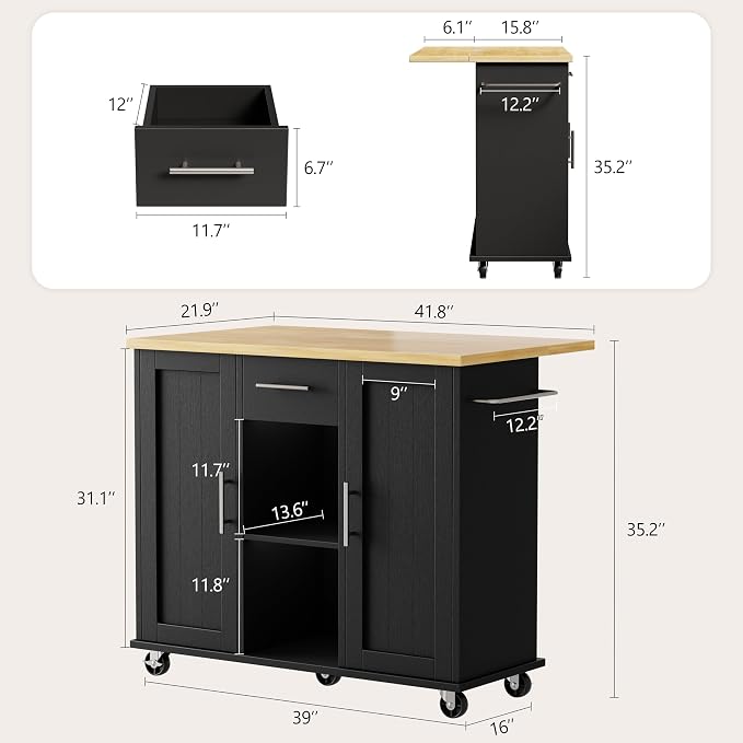 Shintenchi Kitchen Island with Storage, Bar Cart Cabinet Island Table on Wheels, Rolling Microwave Cart for Kitchen with Drop Leaf, Drawers, Towel Rack, Seating Area for Dining Room, Black