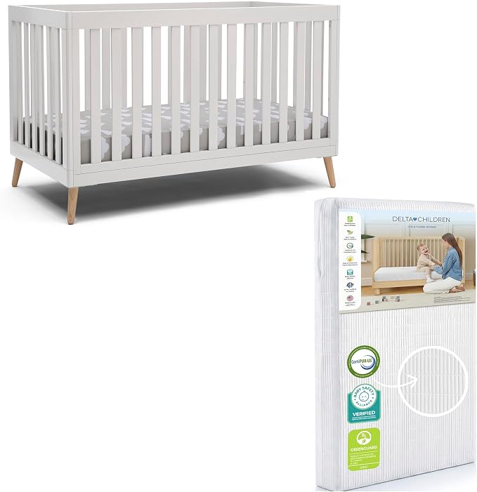 Delta Children Essex 4-in-1 Baby Crib & Mattress, Bianca White/Natural
