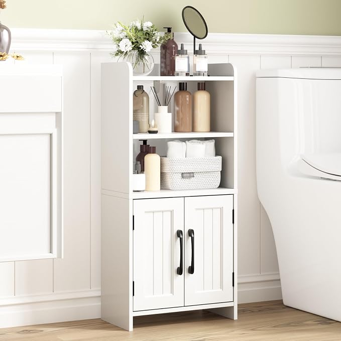 Small Bathroom Storage Cabinet with 2 Doors & Shelf, Line White | Narrow Storage Organizer, Toilet Paper Floor Cabinets Freestanding, for Small Spaces, Laundry Room, 7.8" D x 14.6" W x 31" H