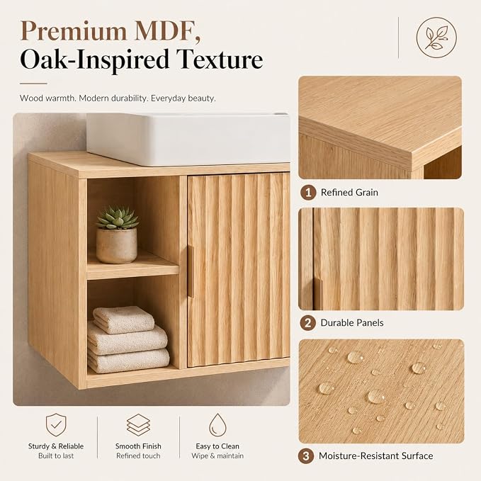 VINGLI 24 Inch Floating Bathroom Vanity with Vessel Sink, Wall-Mounted Natural Oak Cabinet with Adjustable Open Shelf, Fluted Soft-Close Door and Plumbing Cutout