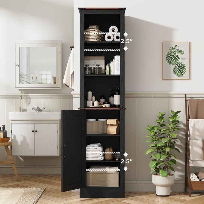 MHOM 71" Tall Bathroom Storage Cabinet. Farmhouse Storage Cabinet with Adjustable Shelves, Narrow Linen Tower Cabinet for Bathroom, Laundry, and, Living Room, Black