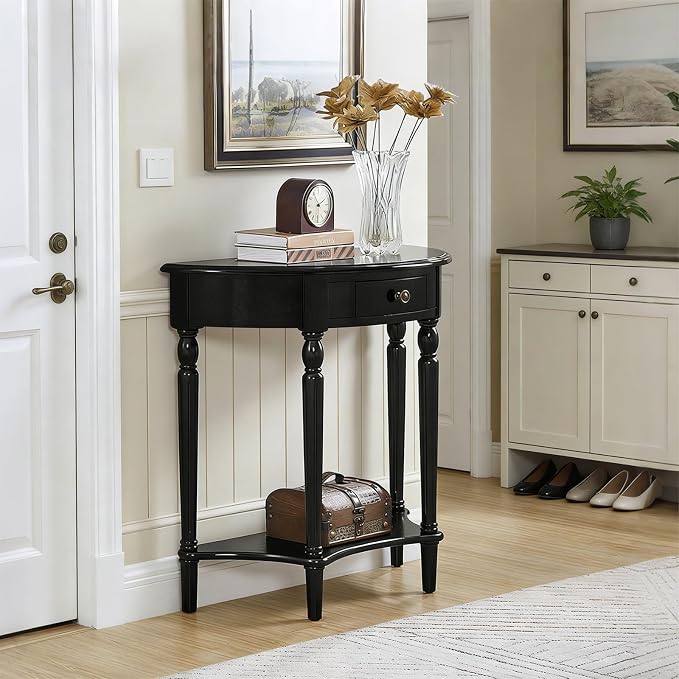 Half Moon Console Table Solid Wood Vintage Entryway Table with Storage Drawer Small Hallway Table for Entryway Half Round Foyer Tables Walnut Entry Way Tables For Entrance (Black, W-23.6")