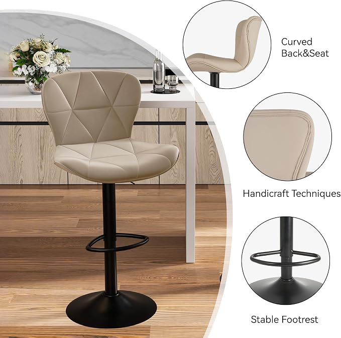 Nalupatio Modern Bar Stools Set of 4, Adjustable Faux Leather Upholstered Swivel Bar Stools, Counter Height Bar Chairs with Back for Kitchen Island, Khaki