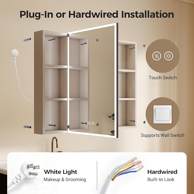 35.4 x 27.5 Inch LED Bathroom Mirror Cabinet with Open Shelves on Both Sides, 3 Color Dimmable Lighted Medicine Cabinet, Plug-in or Hardwired Anti-Fog Aluminum Medicine Cabinet with Hidden Storage