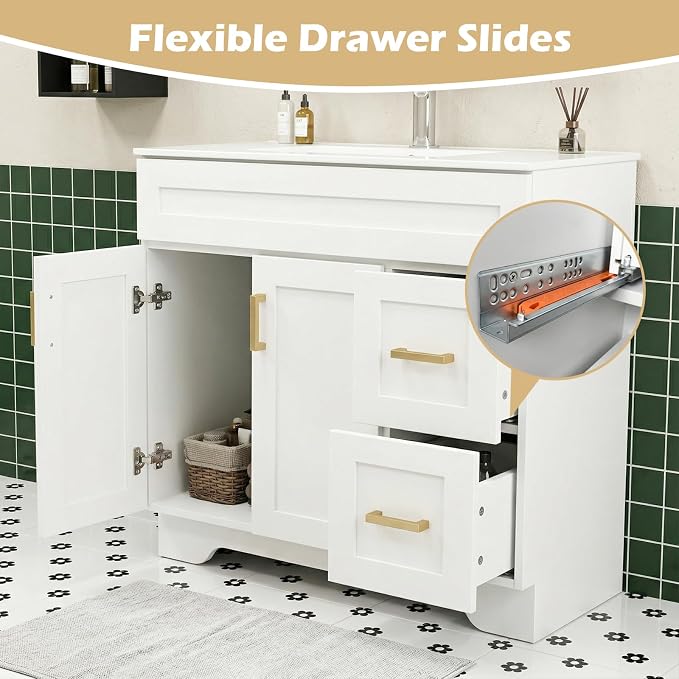 36 Inch Bathroom Vanity with Sink, Modern Wood Shaker Bathroom Vanity Cabinet with 2 Soft-Close Doors & 2 Drawers, Freestanding Bathroom Sink Storage Cabinet, Waterproof Painted Surface, White