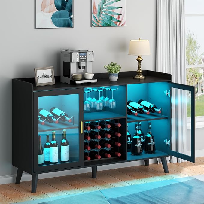 Wine Bar Cabinet with LED Light, Home Coffee Cabinet w/ Wine & Glass Holder