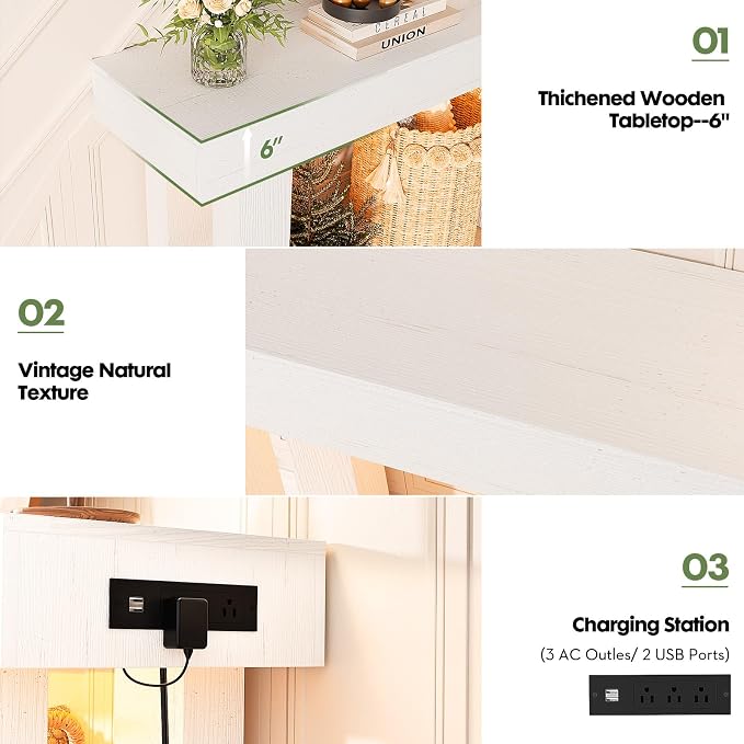 Unikito 63" Console Table with Sensor Light and Oulets, Rustic White
