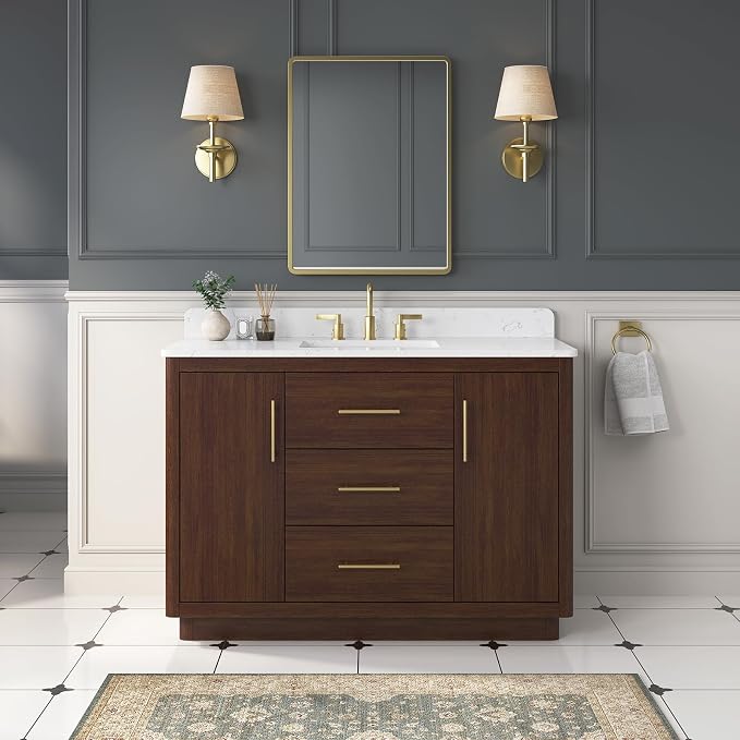 48 Inch Bathroom Vanity with Sink, Fully-Assembled, Warm Elm | Solid Wood Frame, Carrara Engineered Stone Top and Backsplash, Ceramic Sink, Soft-Close Doors and 3 Full-Extension Drawers