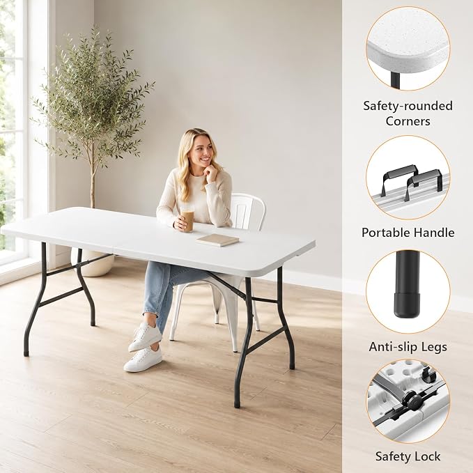6 Foot Folding Table, Fold-in-Half Utility Table with Carrying Handle, 6FT Heavy Duty Portable Table for Party, Wedding, Picnic, Camping, Indoor & Outdoor, White