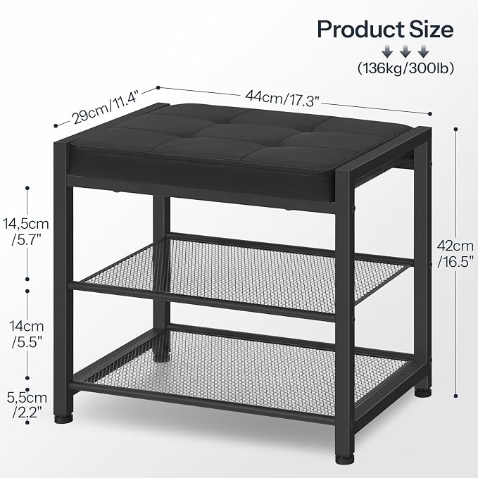 HOOBRO Small Shoe Bench, 3-Tier Shoe Rack, Shoe Storage Bench with PU Seat Cushion, Entryway Shoe Rack Bench with Metal Mesh Shelves, Freestanding Shoe Organizer for Hallway, Black BB33HX01