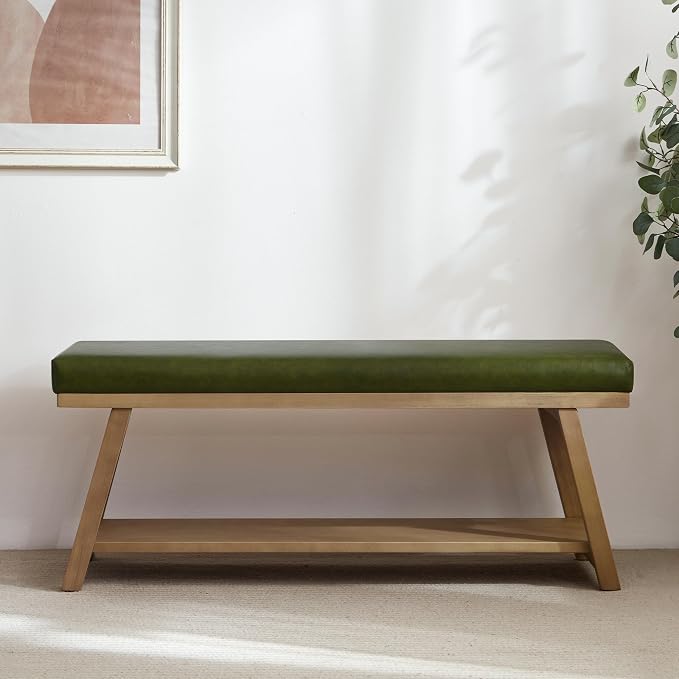 45" Entryway Bench Upholstered Storage Bench for Bedroom(PU-Green)
