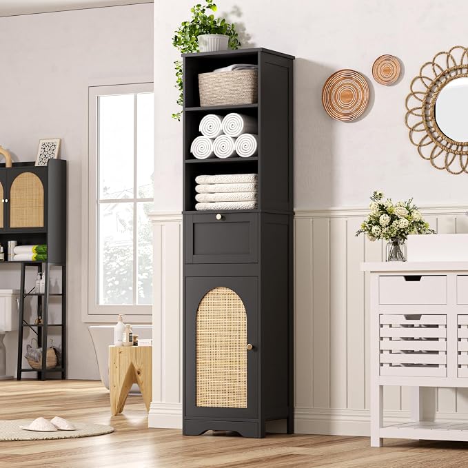 Tall Narrow Rattan Bathroom Storage Cabinet with Doors and Drawers, Black | Freestanding Skinny Tower Linen Cabinet, Rattan Door, Rattan Drawer, Adjustable Shelves, Open Storage, for Kitchen, Bathroom
