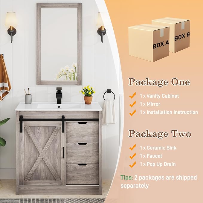 chartustriable 36 Inch Bathroom Vanity with Sink & Faucet & Mirror, Farmhouse Bathroom Vanity Cabinet Set with Sliding Barn Door & Drawers, Small Single Bath Storage Vanity Sink, Grey