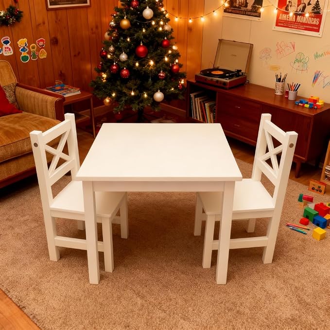 PETIT BATEAU Solid Wood Kids Table & 2 Chairs Set,Ages 2-8,Whitecolor