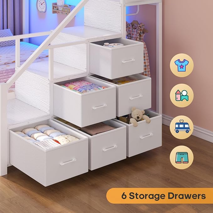 BTHFST Bunk Bed Full Over Full with Stairs, Storage Drawers and LED Lights