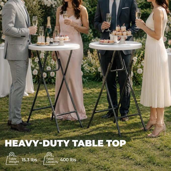 Folding Height Cocktail Table with Metal Legs 32'' Round Top for Small Spaces Bar Wedding Party Indoor Outdoor Use, White