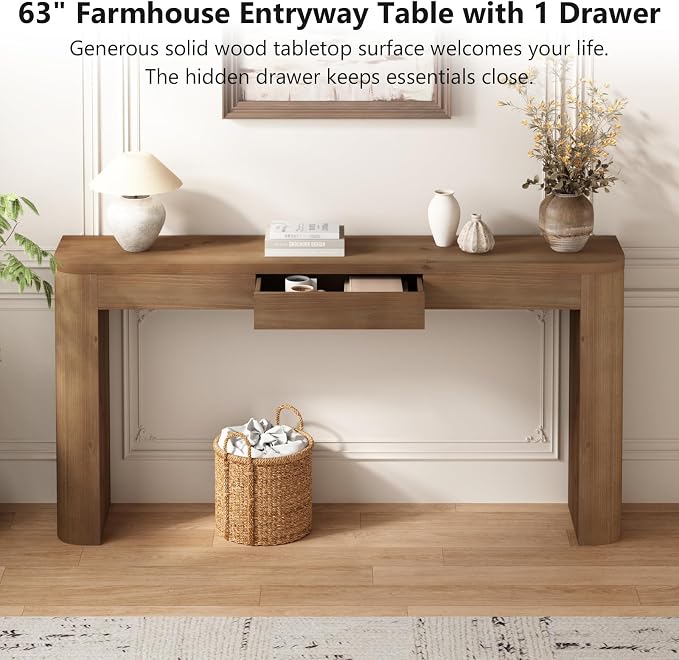 63" Solid Wood Console Table with Storage Drawer & Thick Leg