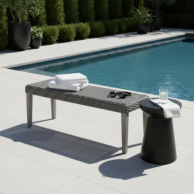 Outdoor Rattan Backless Bench with PE Wicker & Acacia Wood Frame, Grey