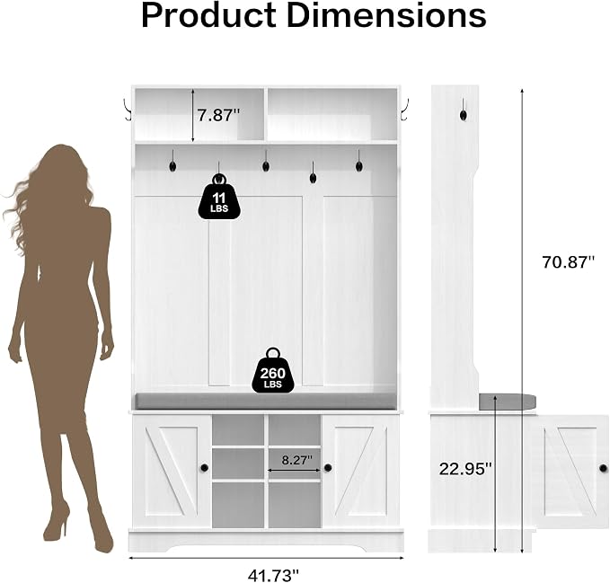 71“ Hall Tree with Bench and Shoe Storage, Coat Rack and 2 Doors