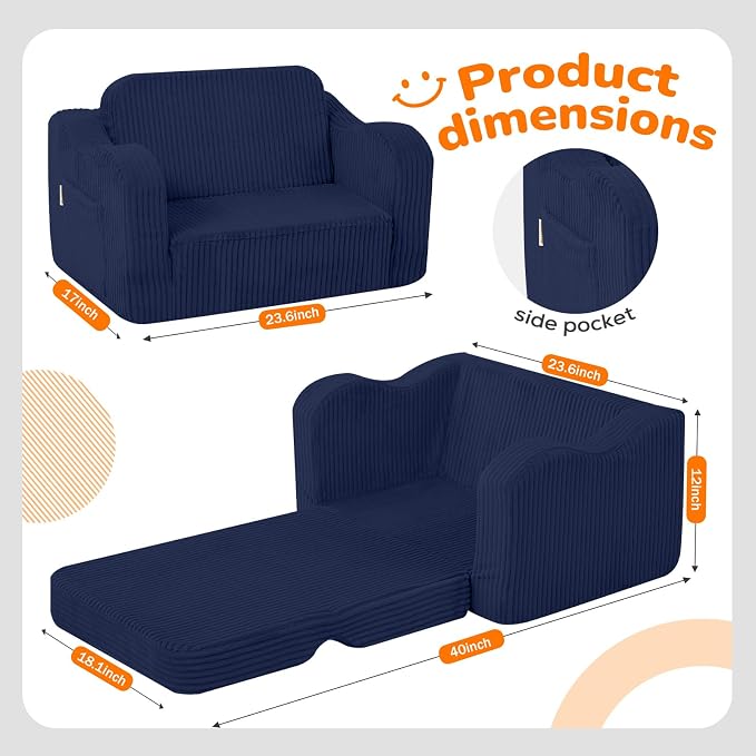 MeMoreCool Kids Couch, 2-in-1 Corduroy Foldable Sofa Chair, Navy Blue