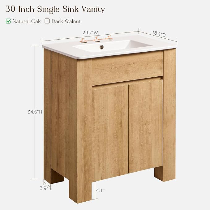 T4TREAM 30 Inch Bathroom Vanity with Sink, Modern Single Sink Bathroom Vanity, Small Bathroom Cabinet with Handle-Free Design, Natural Oak