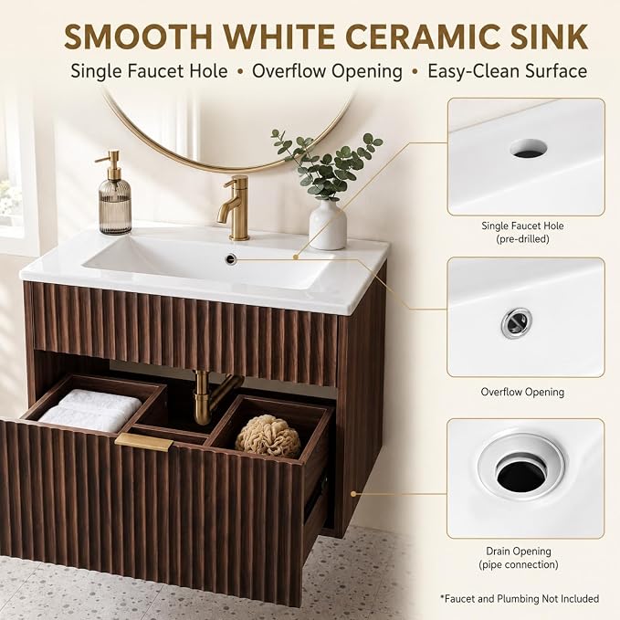 VINGLI 24 Inch Floating Bathroom Vanity with Sink, Wall-Mounted Dark Walnut Cabinet with Fluted Drawer, Divided Storage, Gold-Tone Handle and Ceramic Sink