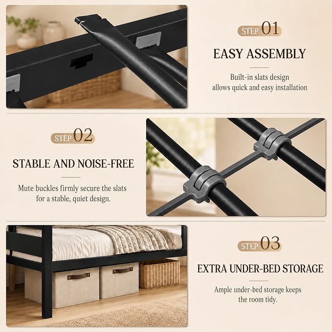 Feonase Metal Bunk Bed Full Over Full with Ladder and High Guardrail, Heavy-Duty Metal Slats Support, Noise Free, No Box Spring Needed, for Kids and Juniors, Black