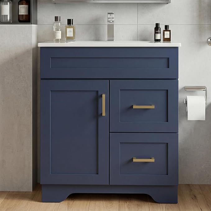30 Inch Bathroom Vanity with Sink, Modern Shaker Bathroom Sink Cabinet with Soft-Close Door & 2 Drawers, Wood Freestanding Bathroom Storage Cabinet with Ceramic Basin, Navy Blue