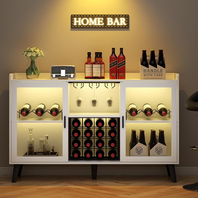 Wine Bar Cabinet with LED Light, Home Coffee Cabinet w/ Wine & Glass Holder