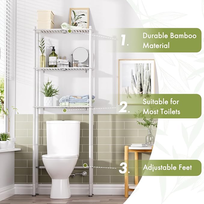 AmazerBath Bamboo Over The Toilet Storage Shelf, 3-Tier Bathroom Over Toilet Organizer Rack, Over Toilet Shelf, Space Saver, White