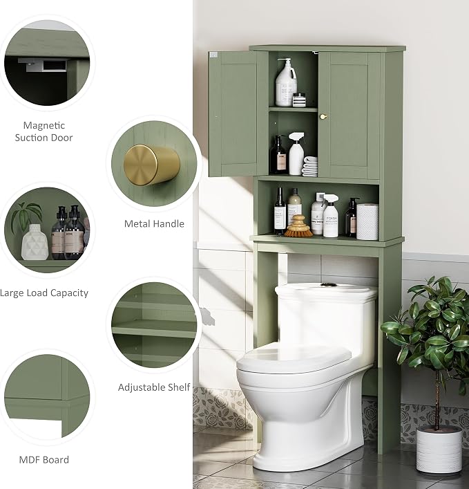 Over the Toilet Storage Cabinet, Bathroom Storage Organizer Over Toilet, Space Saver W/Adjustable Shelf & Open Shelf, Green