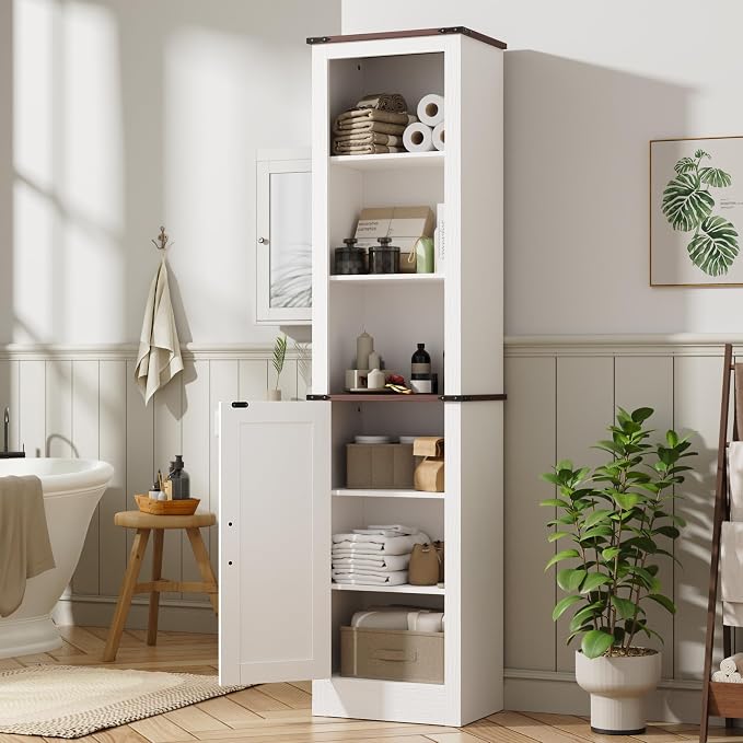 MHOM 71" Tall Bathroom Storage Cabinet, Farmhouse Storage Cabinet with Adjustable Shelves, Narrow Linen Tower Cabinet for Bathroom, Laundry, and, Living Room, White
