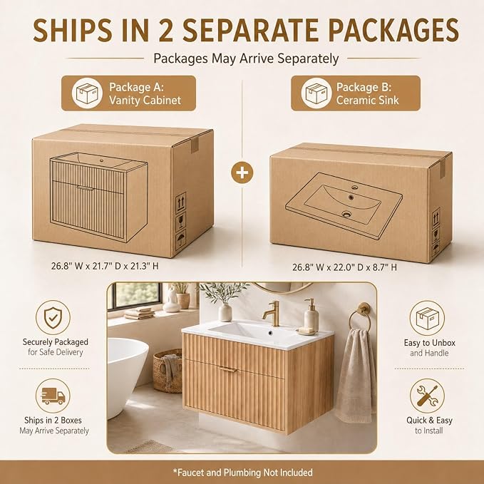 VINGLI 24 Inch Floating Bathroom Vanity with Sink, Wall-Mounted Natural Oak Cabinet with Fluted Drawer, Full-Extension Storage and Gold-Tone Handle