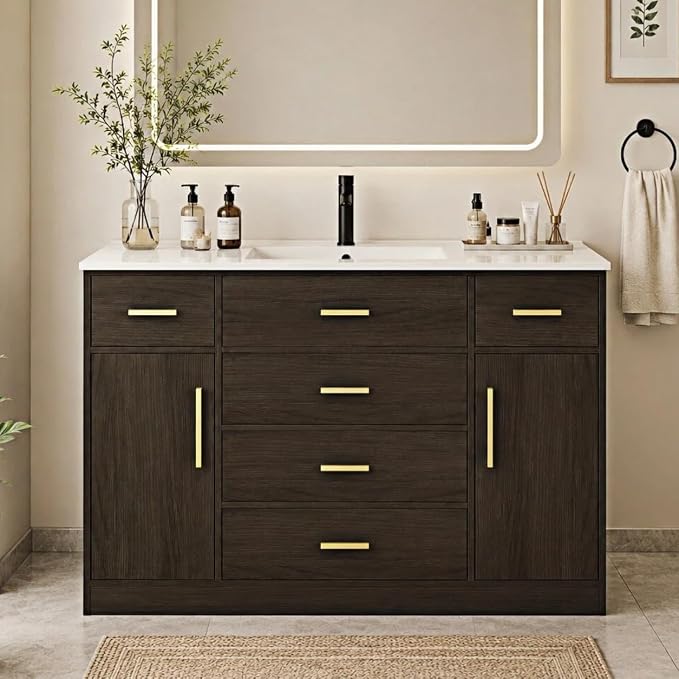 LUMISOL 48 Inch Bathroom Vanity with Sink, Freestanding Bathroom Vanity with 6 Storage Drawers and 2 Soft-Closing Doors, Wood 48" Bathroom Vanities with Resin Sink, Dark Brown